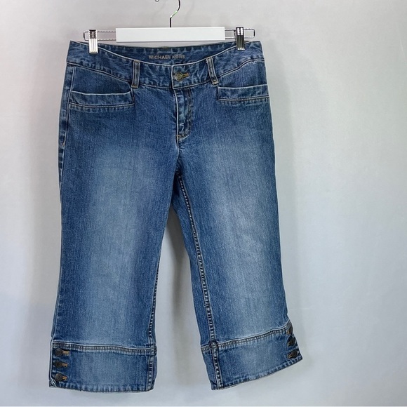 Michael Kors Denim Crop Pant Size 10 Button Leg  Buckle back cotton stretch - Picture 1 of 11